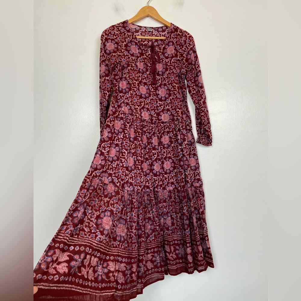 Aerie Long Sleeves Floral Tiered Maxi Dress XS Oversized Red Gauzy Boho Peasant